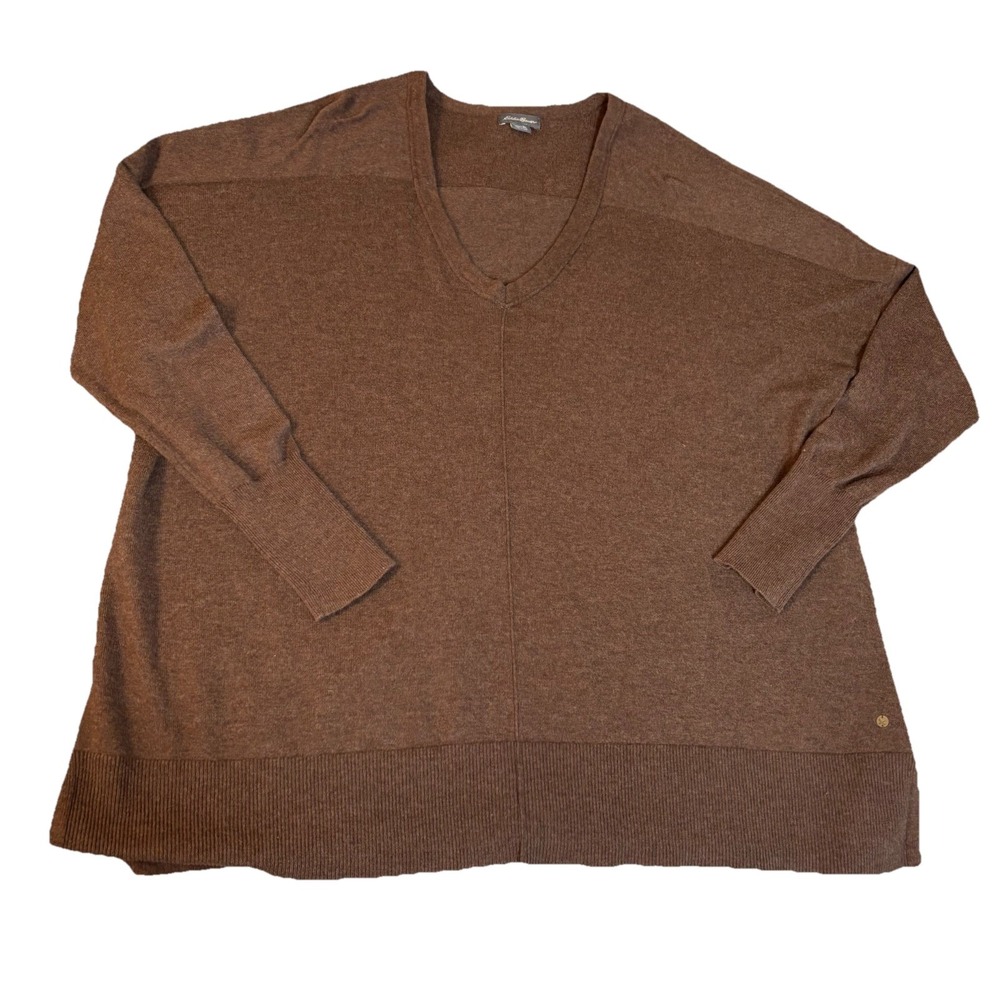 Eddie Bauer XL Chocolate Brown Cotton Nylon Cable Knit Pullover Sweater Casual‎
